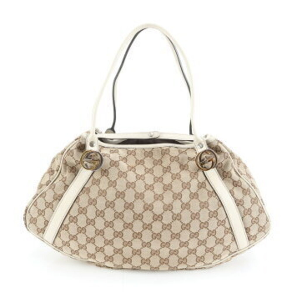 Gucci GG Twins leather canvas tote bag shoulder handbag Beige Tan
